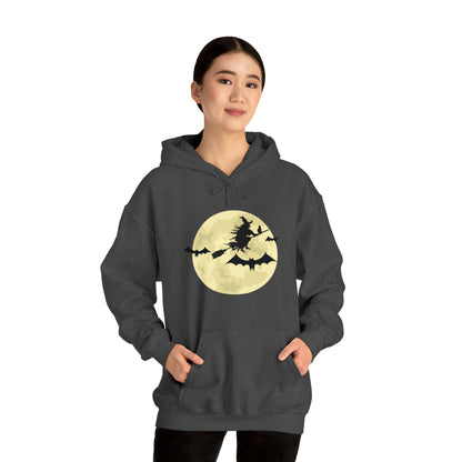 Happy Halloween Full Moon Witch Bat Unisex Hooded Sweatshirt | DTG, Hoodies, Men's Clothing, Regular fit, Unisex, Women's Clothing