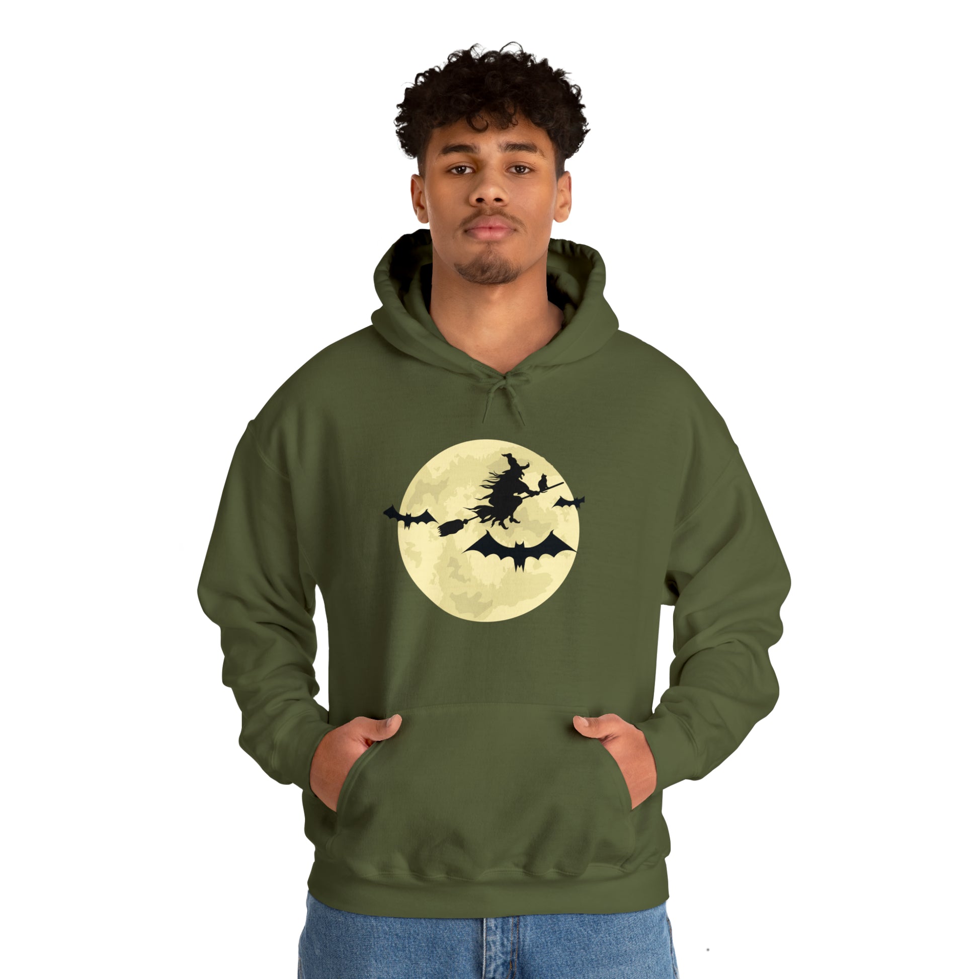 Happy Halloween Full Moon Witch Bat Unisex Hooded Sweatshirt | DTG, Hoodies, Men's Clothing, Regular fit, Unisex, Women's Clothing