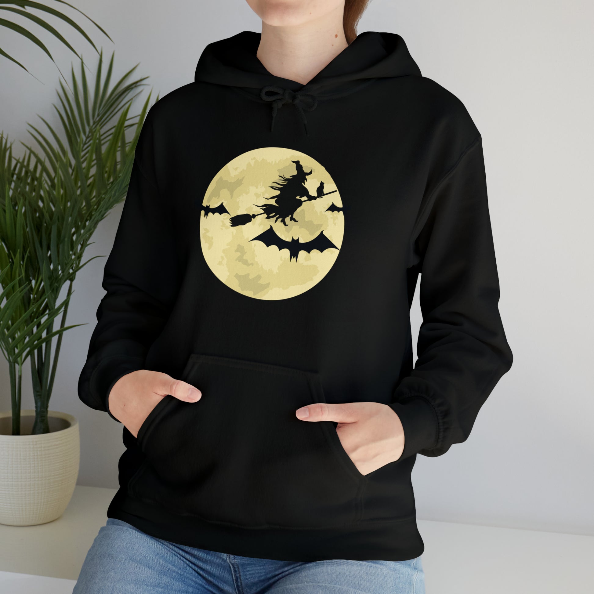 Happy Halloween Full Moon Witch Bat Unisex Hooded Sweatshirt | DTG, Hoodies, Men's Clothing, Regular fit, Unisex, Women's Clothing