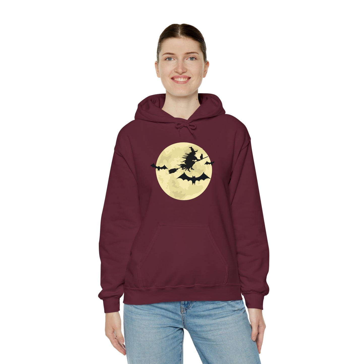 Happy Halloween Full Moon Witch Bat Unisex Hooded Sweatshirt | DTG, Hoodies, Men's Clothing, Regular fit, Unisex, Women's Clothing