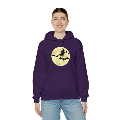 Happy Halloween Full Moon Witch Bat Unisex Hooded Sweatshirt | DTG, Hoodies, Men's Clothing, Regular fit, Unisex, Women's Clothing