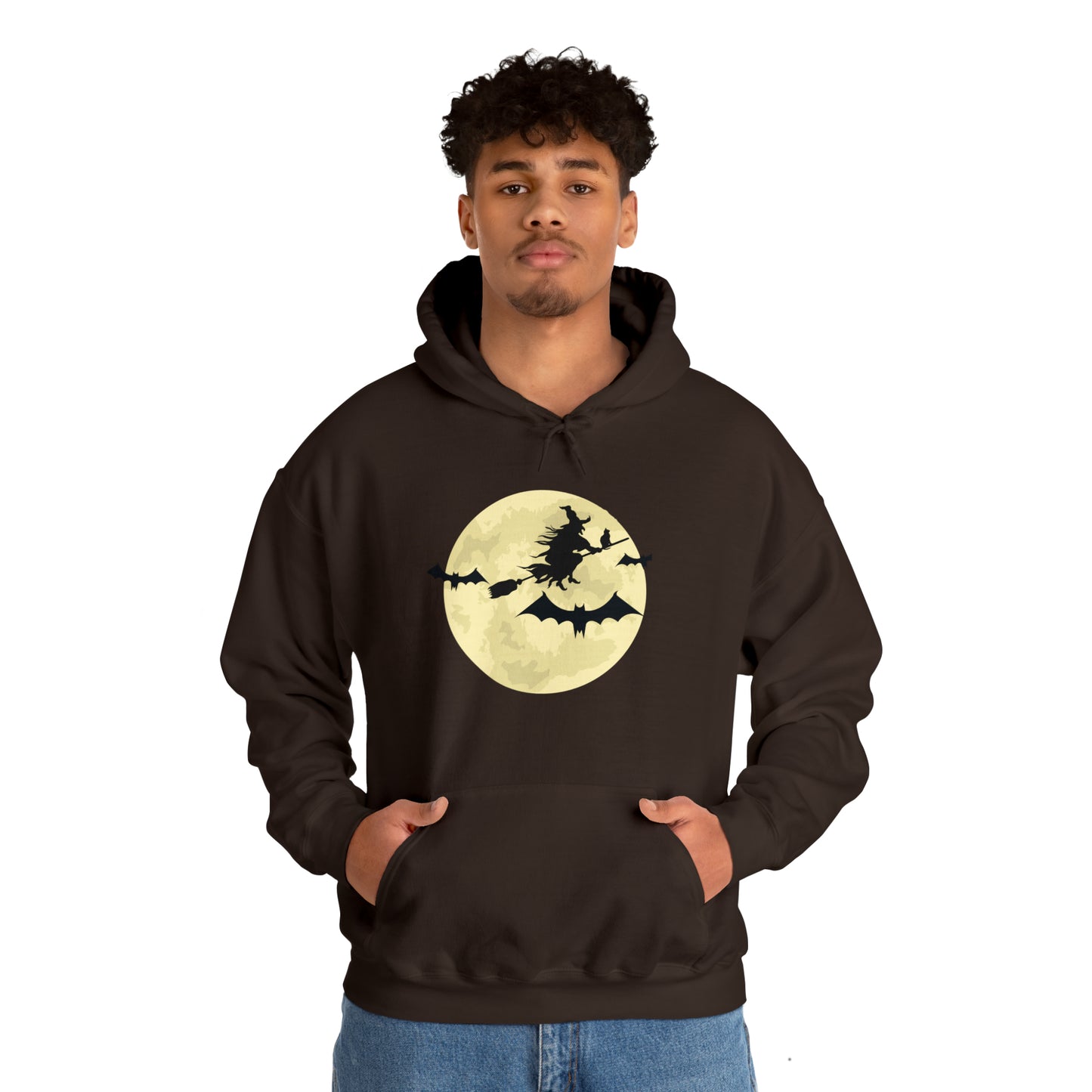 Happy Halloween Full Moon Witch Bat Unisex Hooded Sweatshirt | DTG, Hoodies, Men's Clothing, Regular fit, Unisex, Women's Clothing