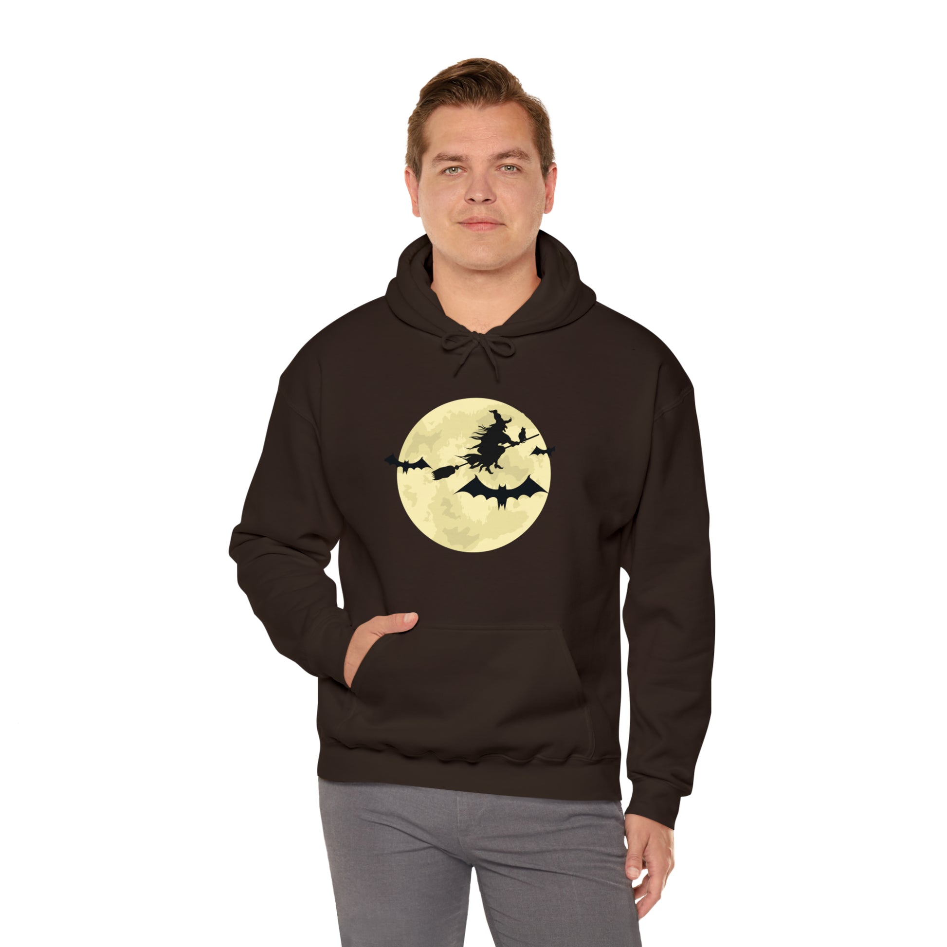 Happy Halloween Full Moon Witch Bat Unisex Hooded Sweatshirt | DTG, Hoodies, Men's Clothing, Regular fit, Unisex, Women's Clothing