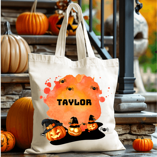 Personalized Halloween Tote Bag | Pumpkin, Witch, Black Cat, Castle