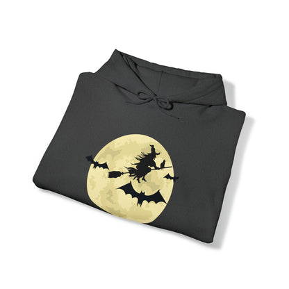 Happy Halloween Full Moon Witch Bat Unisex Hooded Sweatshirt | DTG, Hoodies, Men's Clothing, Regular fit, Unisex, Women's Clothing