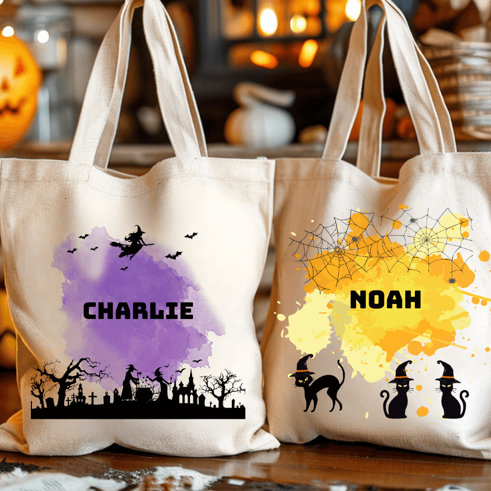 Personalized Halloween Tote Bag | Pumpkin, Witch, Black Cat, Castle