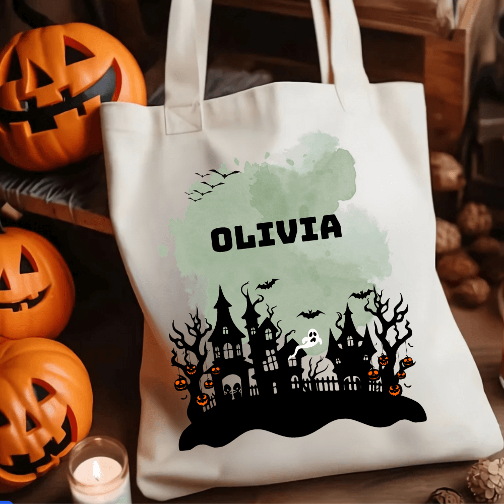 Personalized Halloween Tote Bag | Pumpkin, Witch, Black Cat, Castle