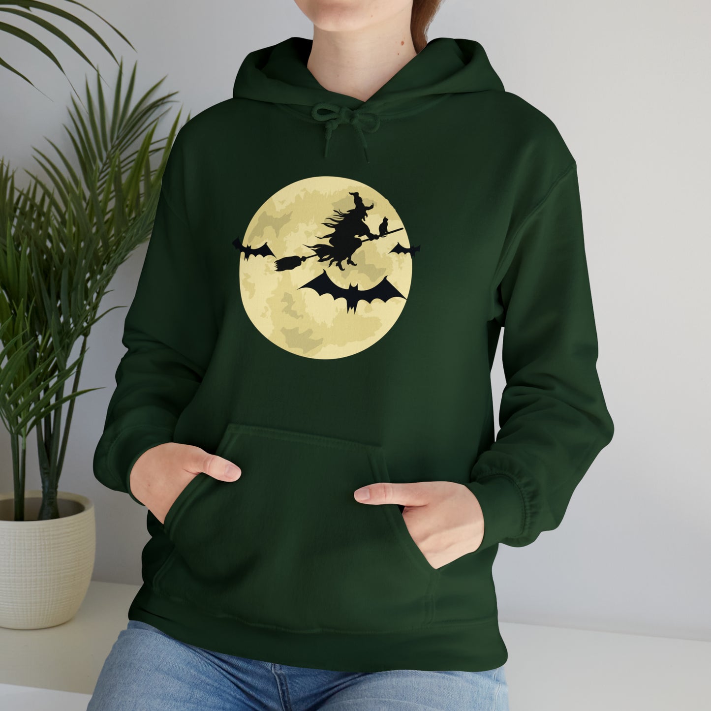 Happy Halloween Full Moon Witch Bat Unisex Hooded Sweatshirt | DTG, Hoodies, Men's Clothing, Regular fit, Unisex, Women's Clothing