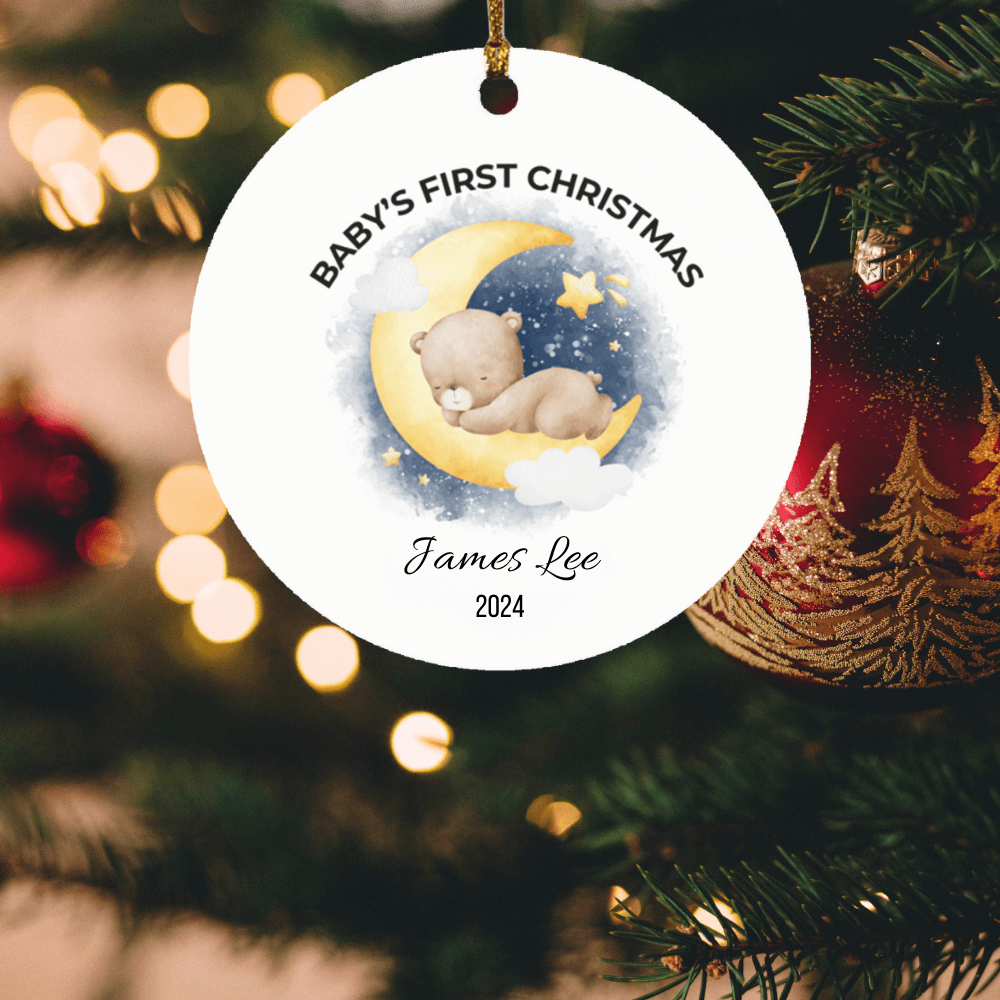 Personalized Baby's First Christmas Bear Moon Ornament