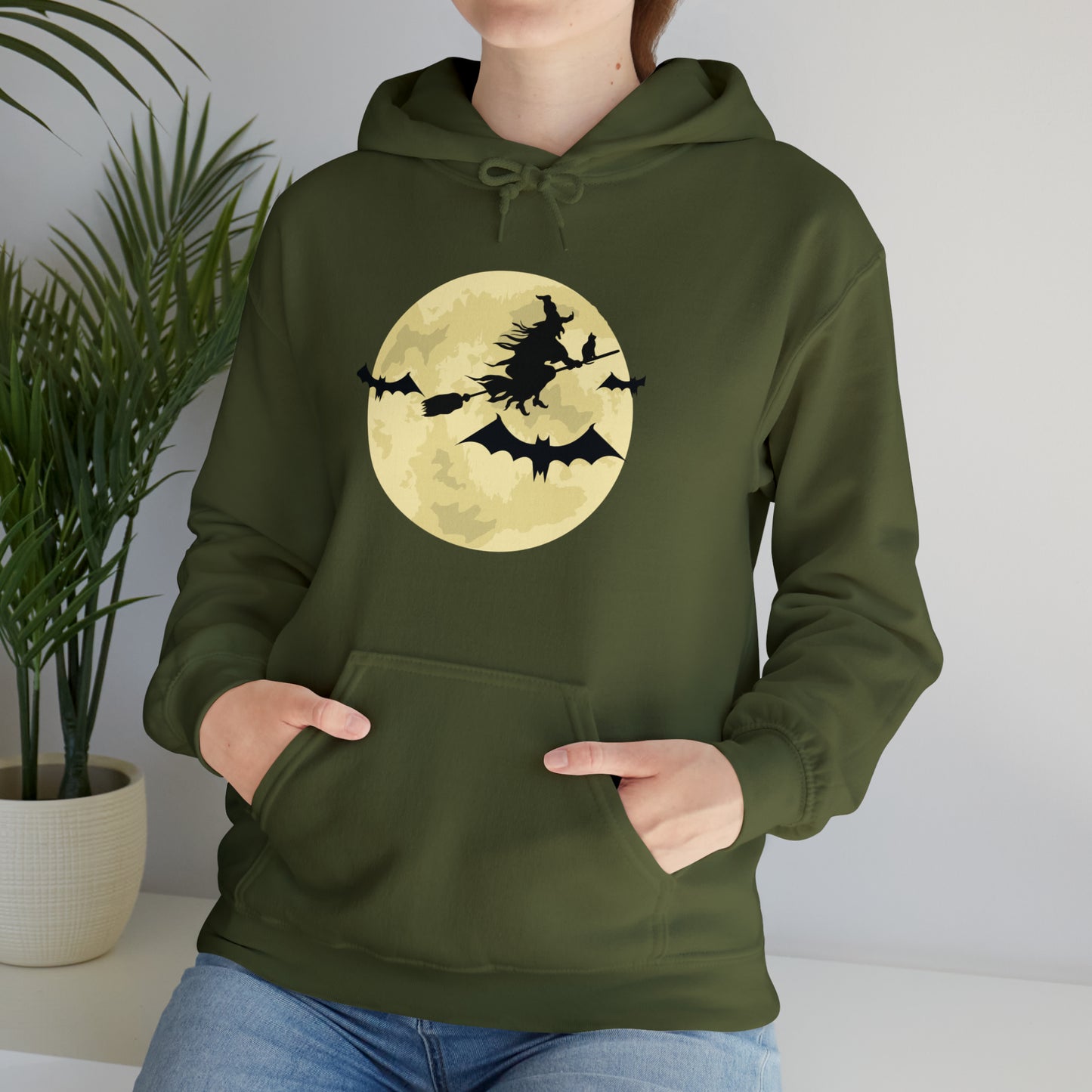 Happy Halloween Full Moon Witch Bat Unisex Hooded Sweatshirt | DTG, Hoodies, Men's Clothing, Regular fit, Unisex, Women's Clothing