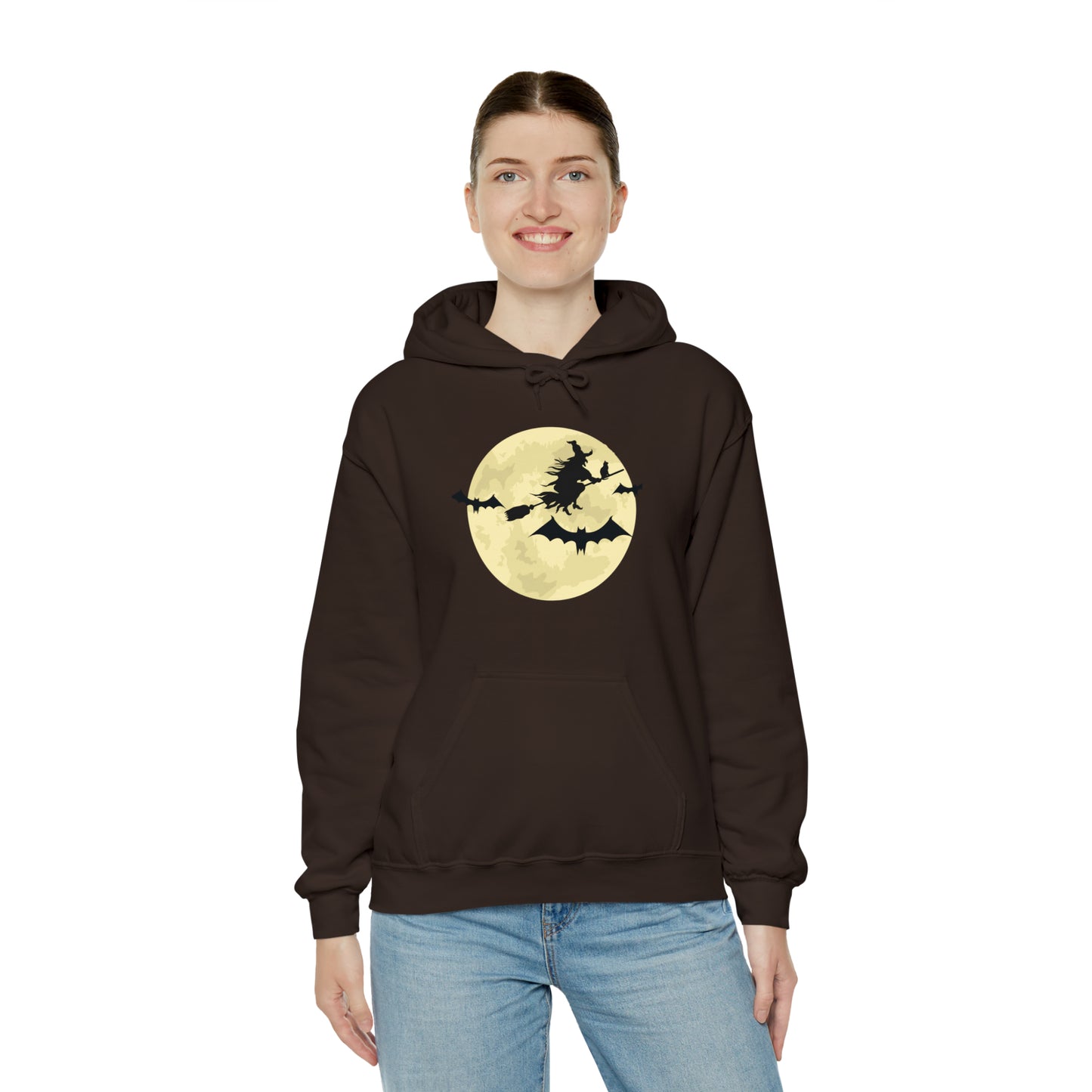 Happy Halloween Full Moon Witch Bat Unisex Hooded Sweatshirt | DTG, Hoodies, Men's Clothing, Regular fit, Unisex, Women's Clothing