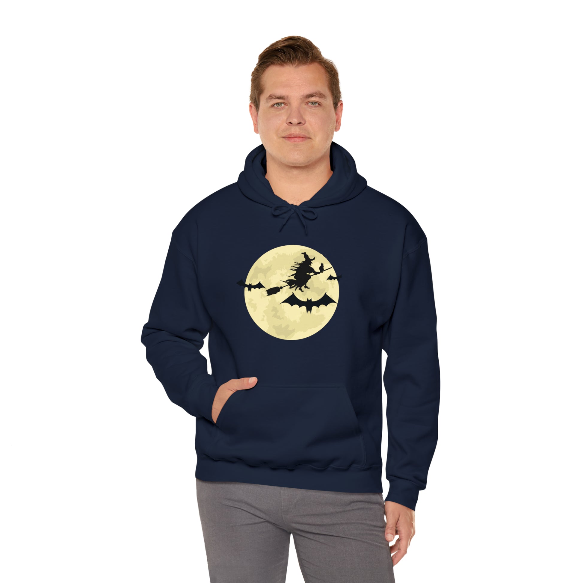 Happy Halloween Full Moon Witch Bat Unisex Hooded Sweatshirt | DTG, Hoodies, Men's Clothing, Regular fit, Unisex, Women's Clothing