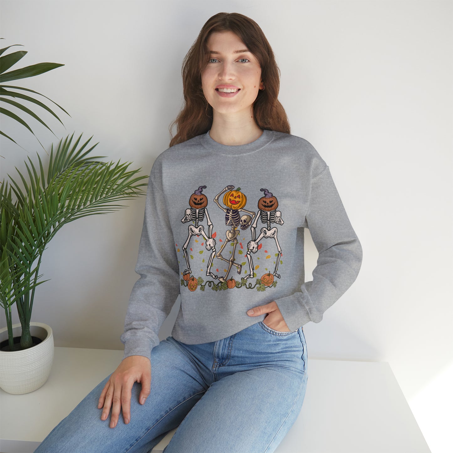 Halloween Skeletons Pumpkin Unisex Crewneck Sweatshirt | Crew neck, DTG, Men's Clothing, Regular fit, Sweatshirts, Unisex, Valentine's Day Picks, Women's Clothing