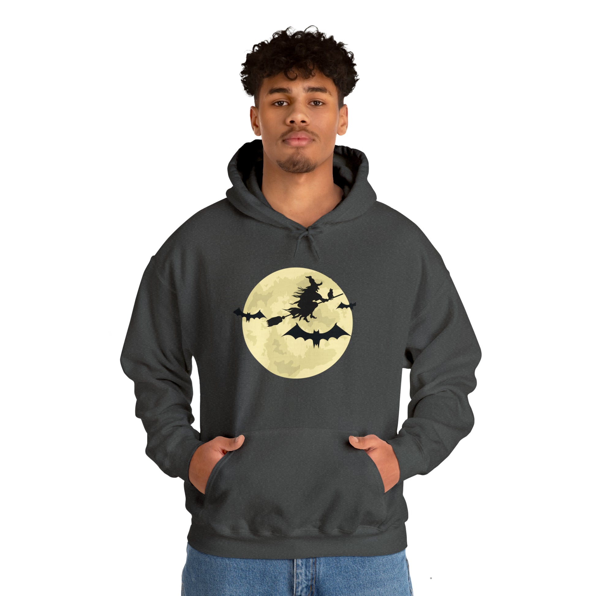 Happy Halloween Full Moon Witch Bat Unisex Hooded Sweatshirt | DTG, Hoodies, Men's Clothing, Regular fit, Unisex, Women's Clothing