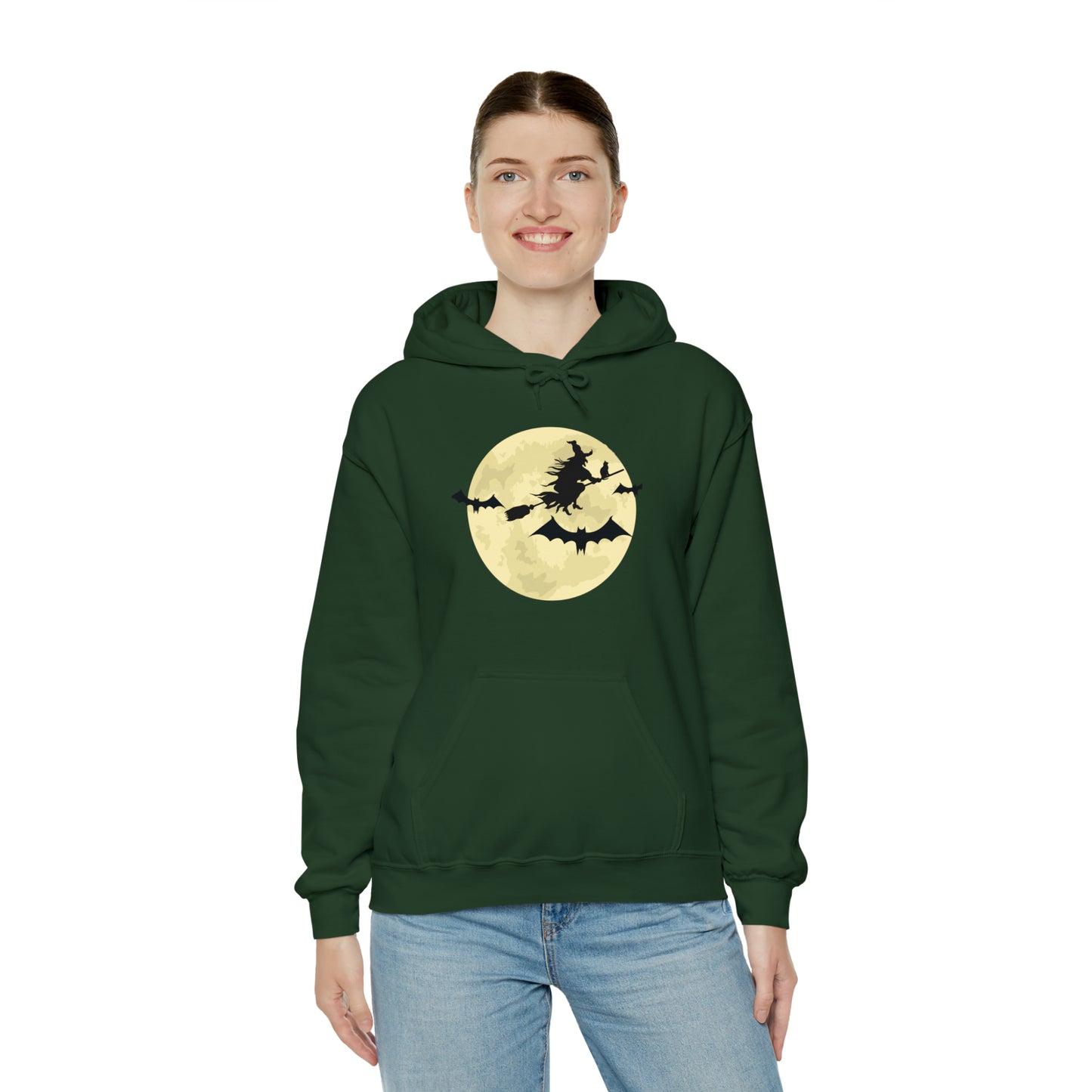 Happy Halloween Full Moon Witch Bat Unisex Hooded Sweatshirt | DTG, Hoodies, Men's Clothing, Regular fit, Unisex, Women's Clothing