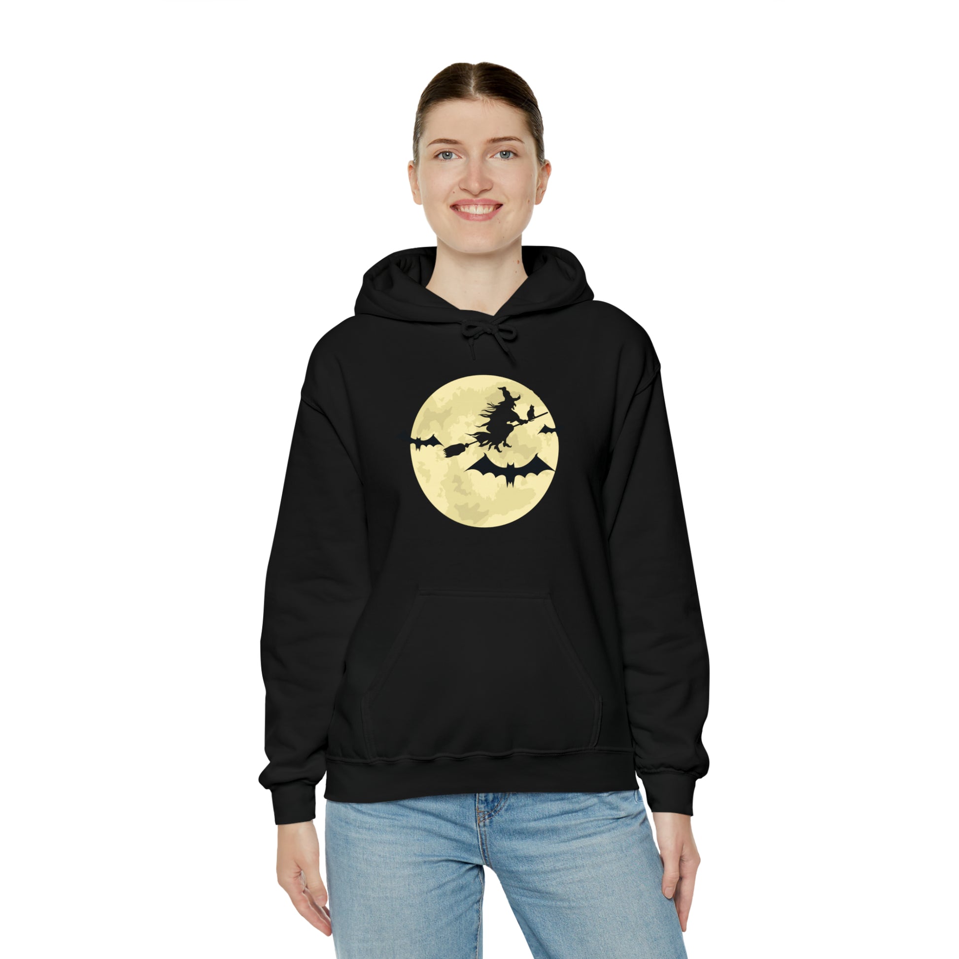 Happy Halloween Full Moon Witch Bat Unisex Hooded Sweatshirt | DTG, Hoodies, Men's Clothing, Regular fit, Unisex, Women's Clothing