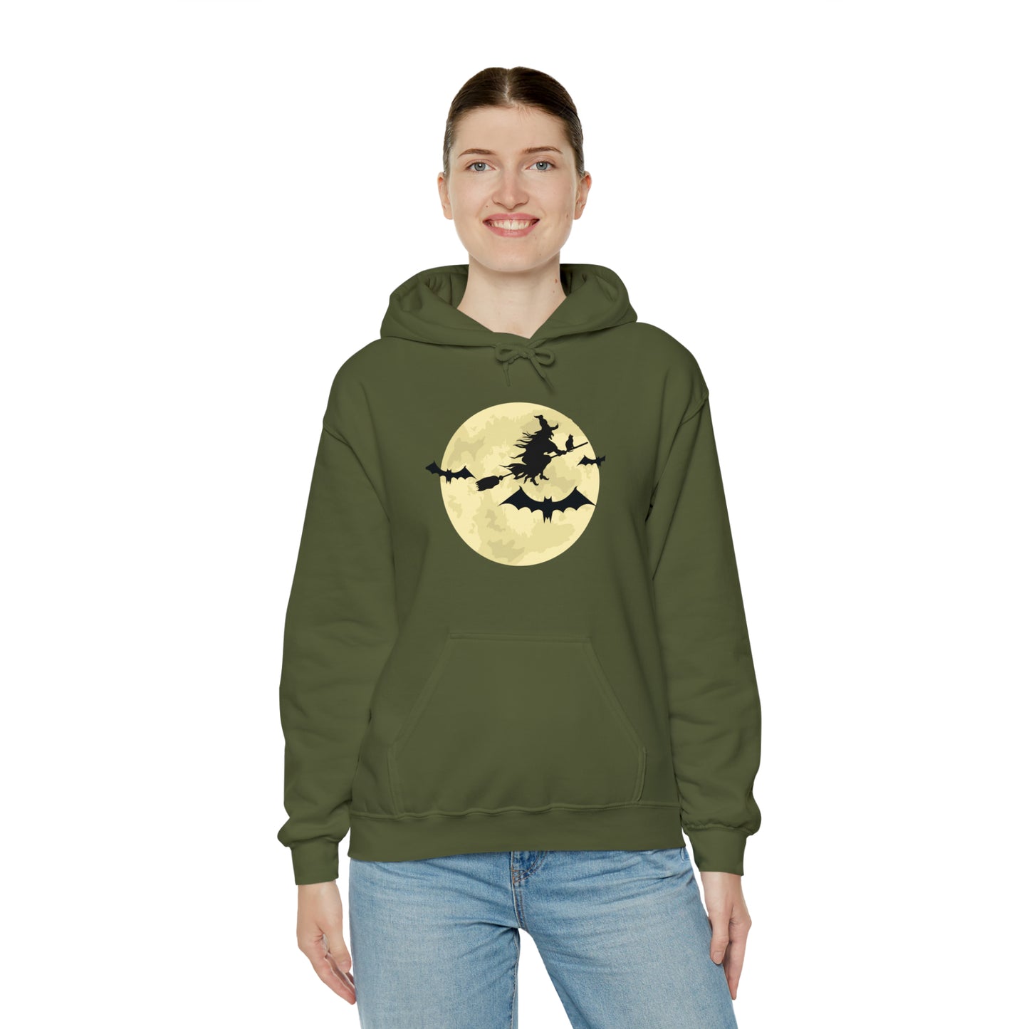 Happy Halloween Full Moon Witch Bat Unisex Hooded Sweatshirt | DTG, Hoodies, Men's Clothing, Regular fit, Unisex, Women's Clothing