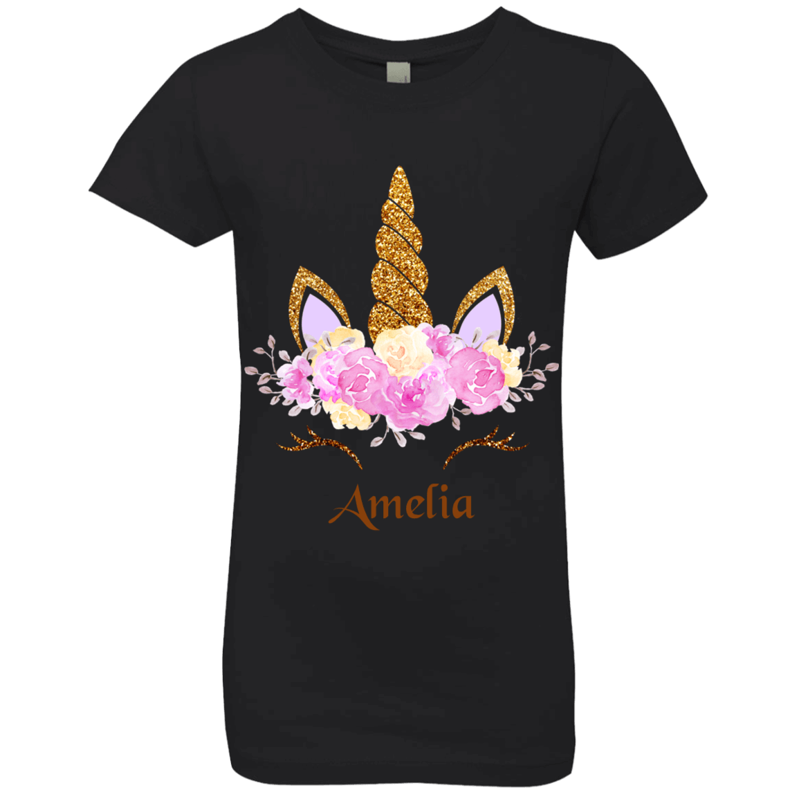 Personalized Customized Girl Name Unicorn Head Rose Shirt | Girls' Princess T-Shirt | Short Sleeve, T-Shirts, Youth