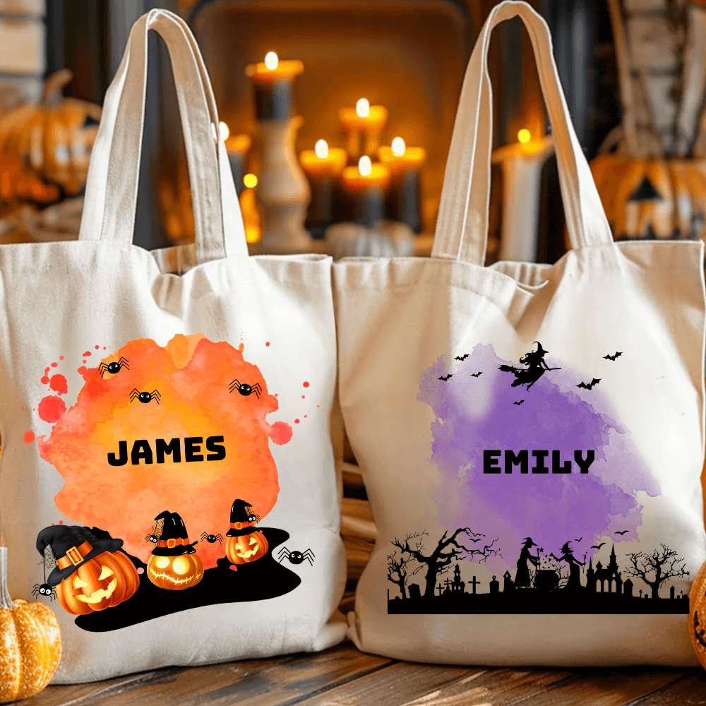 Personalized Halloween Tote Bag | Pumpkin, Witch, Black Cat, Castle