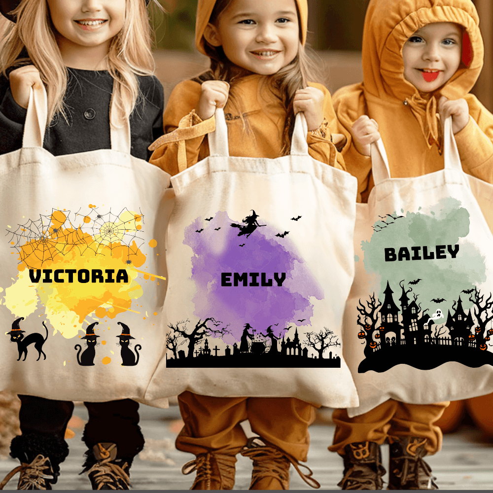 Personalized Halloween Tote Bag | Pumpkin, Witch, Black Cat, Castle