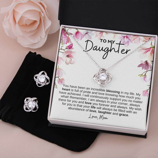 Daughter Love Knot Earring & Necklace Set | C30011TR, lx-C30011, P10019TR, PB23-WOOD, PP01-BLK, PT-3744, TNM-1, USER-249647