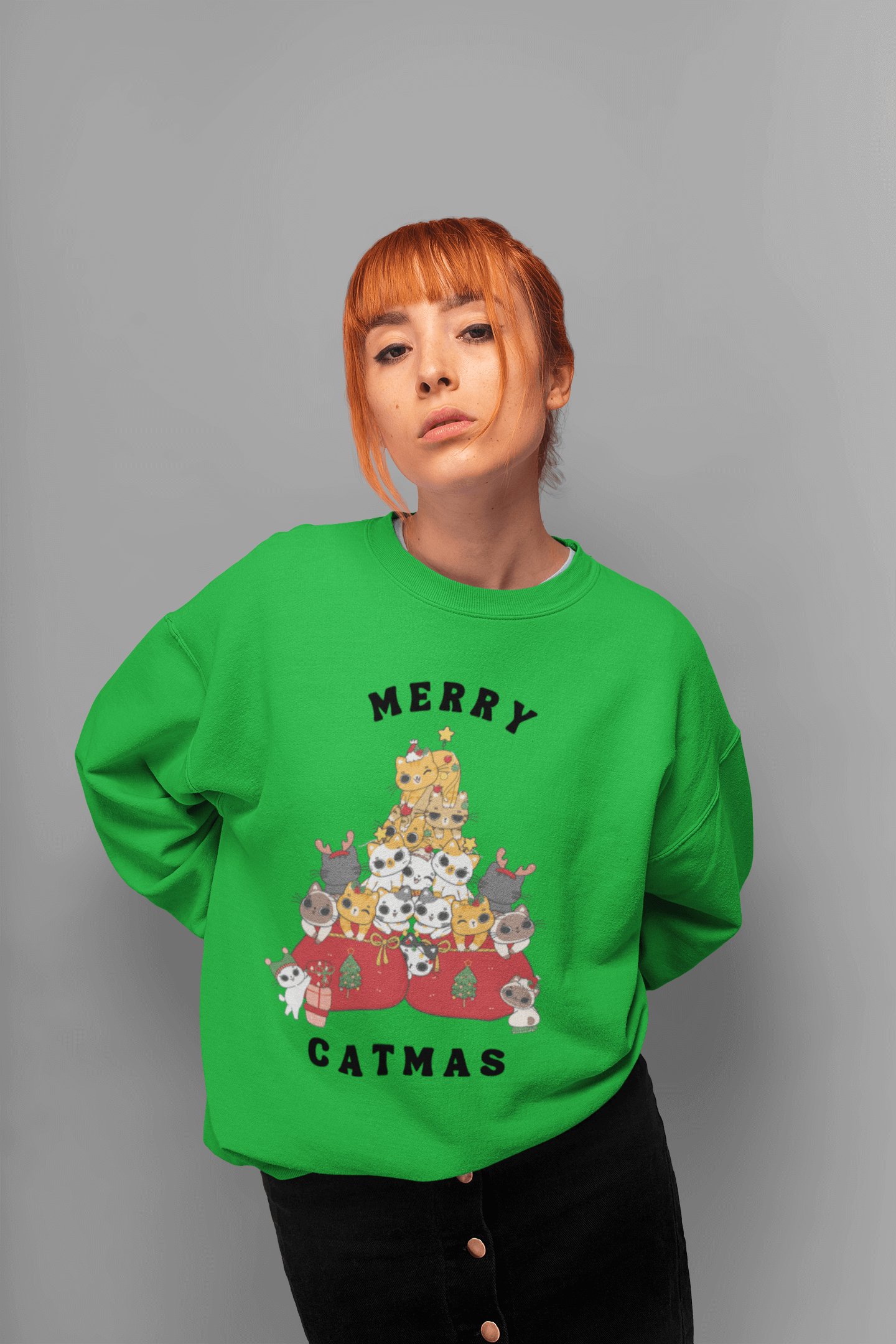 Merry Catmas Crewneck Pullover Sweatshirt | Ugly Christmas Sweater | Men, Pullover, Sweatshirts